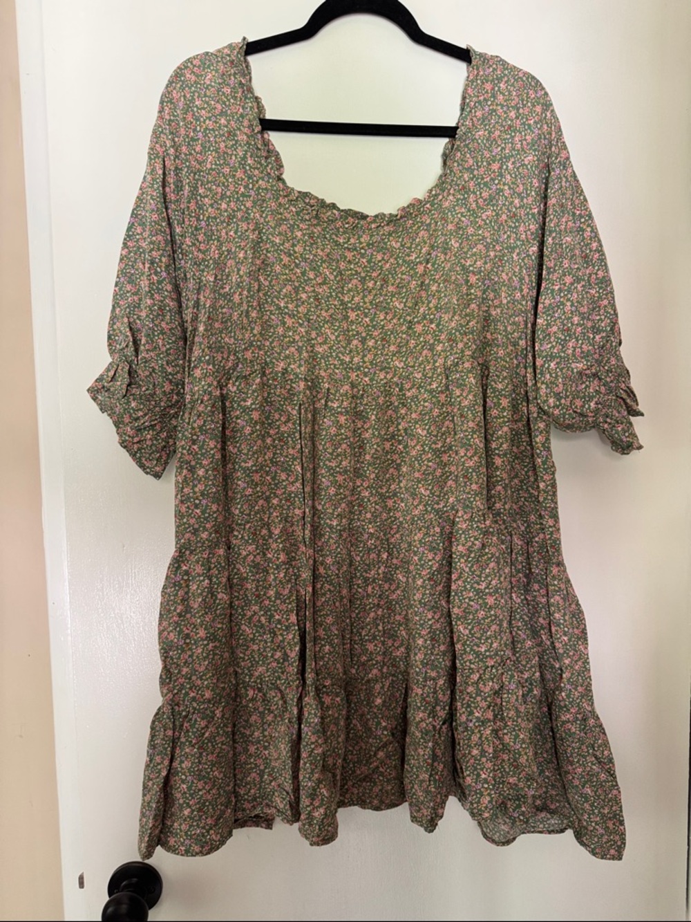 Chic Soul Green Floral Babydoll Mini Dress with Pink Accents